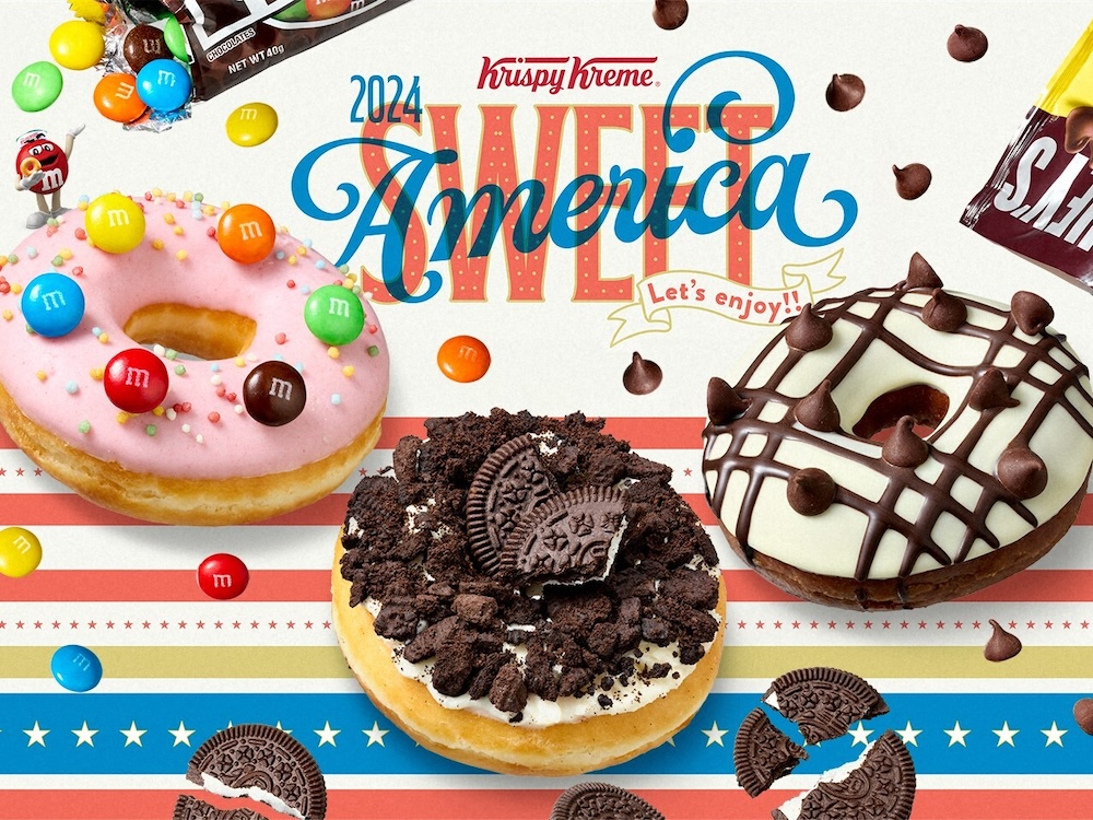 クリスピー・クリーム・ドーナツは3月1日より、「Sweet America 2024」プロモーションと題し、米国の国民的スイーツブランド「HERSHEY'S」、「OREO」、「M&M'S」とコラボレーションしたドーナツ3種を全店舗にて展開する。