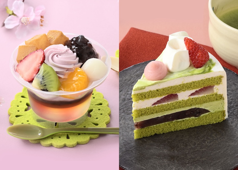 銀座コージーコーナーは3月22日より、全国の生ケーキ取扱店にて、「お花見あんみつパルフェ」および「抹茶と苺の水ようかんケーキ」を販売する。