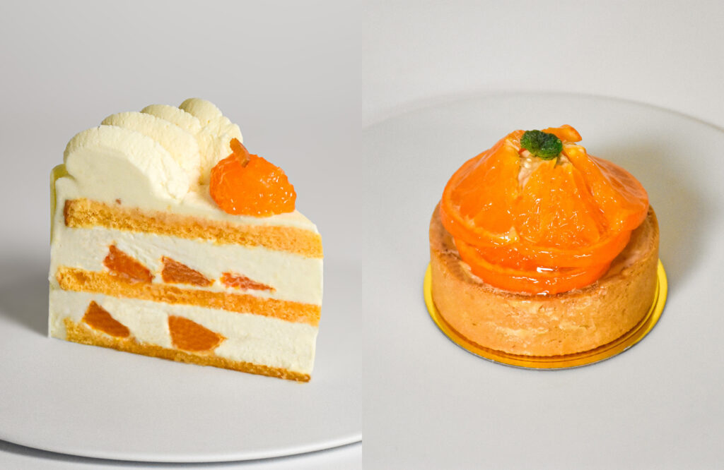 左から「清見オレンジのショートケーキ」、「柑橘のフルーツタルト」