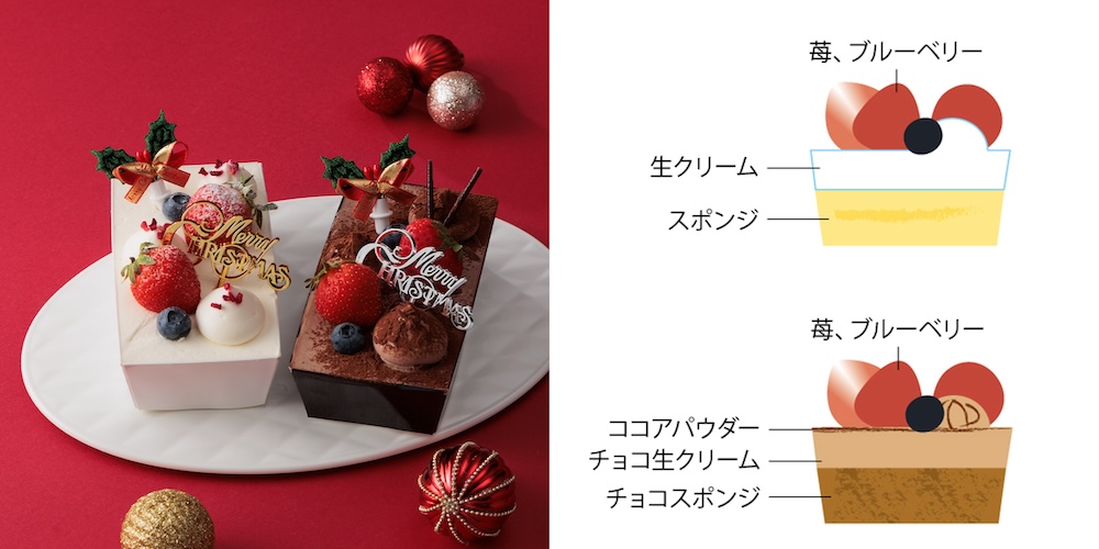 当日販売のみ。左から「小さな苺のノエル」、「小さなチョコノエル」各・税込み750円