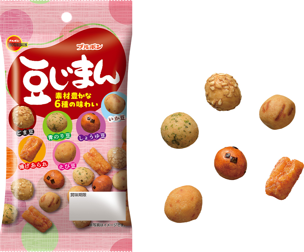 5種の豆菓子と揚げあられの絶妙な組合せを楽しむ「56g豆じまん」が新登場