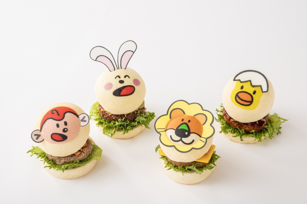 「とくせい！もぐもぐどうぶつさんバーガー」。7月11日〜8月19日、9月22日〜9月28日はらいおんくん（オリジナルソース）・さるさん（スイートチリソース）。8月20日〜9月28日はうさぎさん（アボカド&にんにく醤油）・ひよこさん（てりやきソース）。