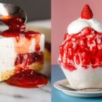 左から「ミガキイチゴのレアチーズケーキ」、「いちびこ氷 〜いちごのショート〜」