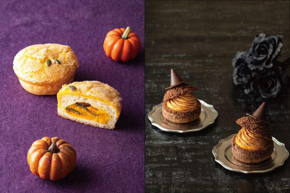 左から「ハロウィ~ンかぼちゃクリームパン」税込み300円、「シュー・ハロウィーン」税込み700円