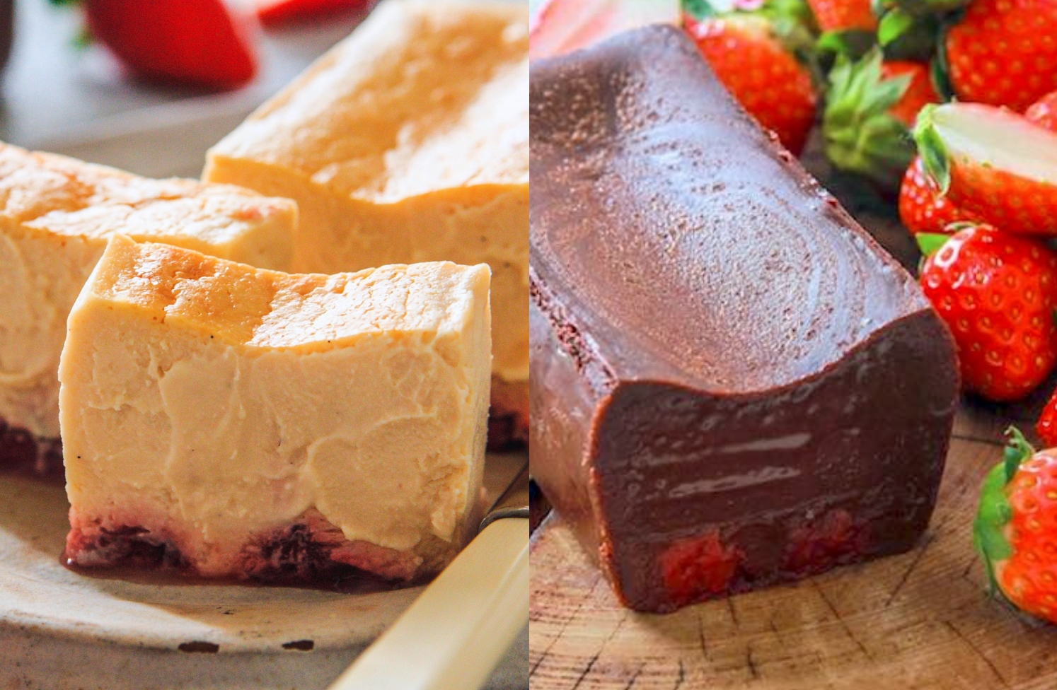 左から「極濃いちごとろ生チーズケーキ」、「極濃いちごとろ生ガトーショコラ」