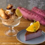 左から「黄金千貫さつまいものスイートポテトと林檎アイスのミニパフェ」、「黄金千貫さつまいもと紫芋のバスクチーズケーキ」