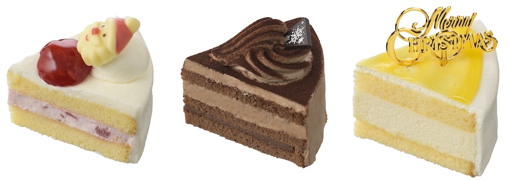 「6つのクリスマスアソート」に詰め合わせるケーキ。左から順に「苺ショート」、「チョコレートケーキ」、「レアチーズ」