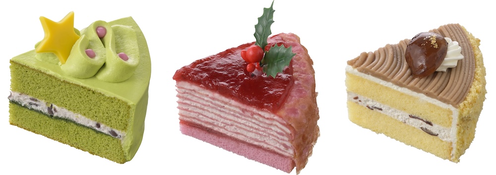 「6つのクリスマスアソート」に詰め合わせるケーキ。左から順に「抹茶のシフォン」、「苺のミルクレープ」、「栗のショートケーキ」