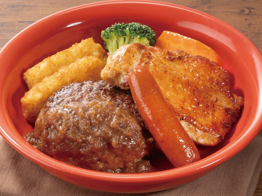 「ビーフ100%粗挽き肉厚ステーキ風ハンバーグミックスグリル」税込み989円～1,099円