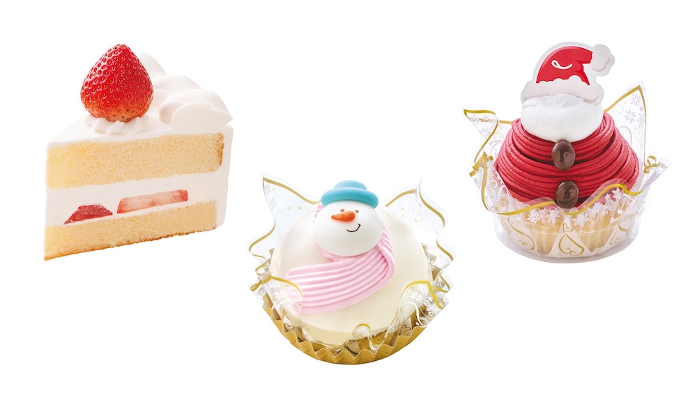 左から「クリスマスあまおう苺のショートケーキ」税込み780円、「クリスマス雪だるまケーキ」税込み680円、「クリスマスサンタの苺モンブラン」税込み621円