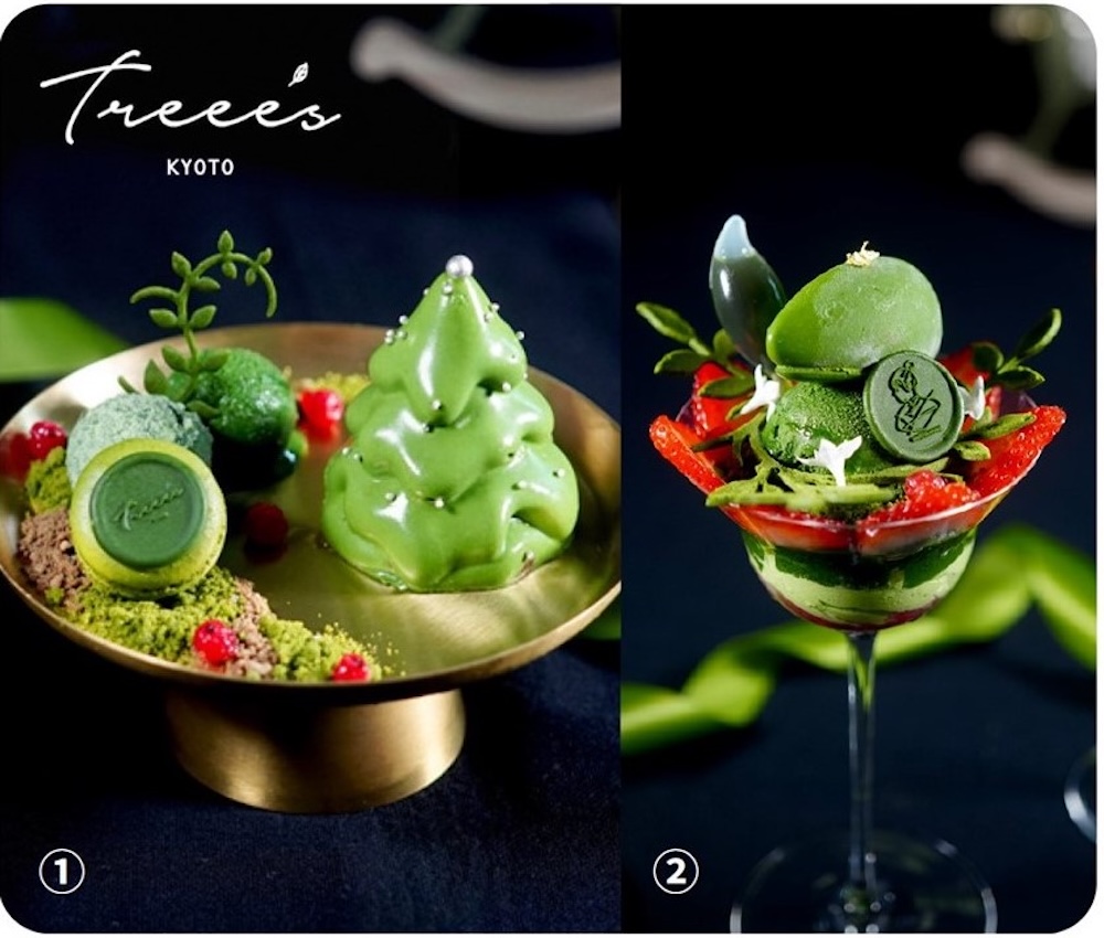 左から「TREEE’S KYOTO」の阪神梅田本店限定「『松澤園』の狭山抹茶と森のベリーのアンサンブル」3,300円、阪神梅田本店限定「『辻喜』抹茶といちごを使用した2日間限定のプレミアムパフェ」3,850円