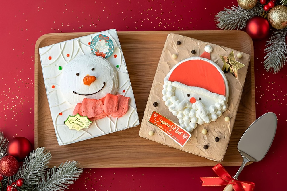 左からスコップケーキの「ホワイトチョコムースの雪だるま」1,500円、「チョコムースのサンタ」1,500円