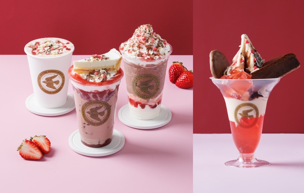 左から「ストロベリーフロマージュショコラ」、「ストロベリーショコラレアチーズケーキドリンク」、「ストロベリーショコラフローズンフロマージュ」、「バレンタインパフェ ストロベリー＆ショコラ」