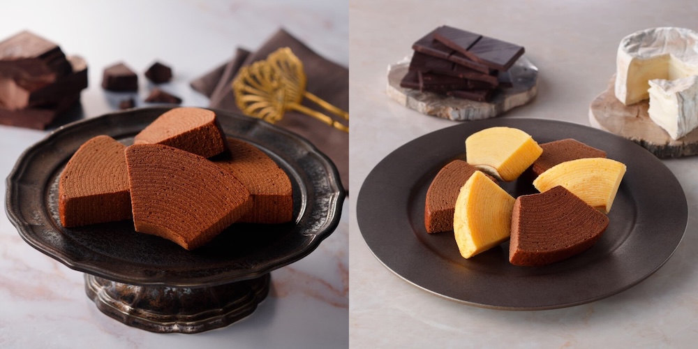 左から「ショコラチーズバウム（カット）」、「チーズバウムアソート（プレーン＆ショコラ）」