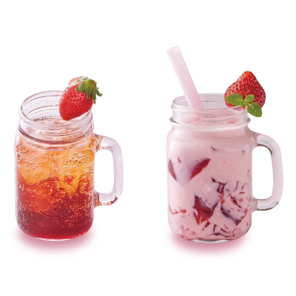 左から「ストロベリー ティーソーダ」、「ストロベリージェリーミルク」