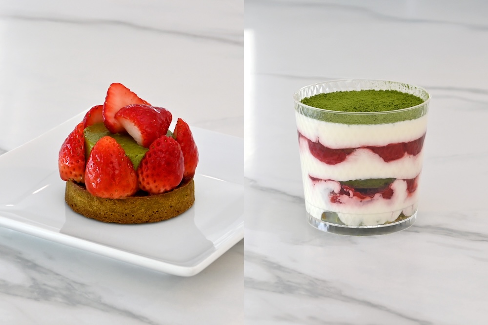 左から「苺と抹茶のタルト」、「苺と抹茶のティラミス」