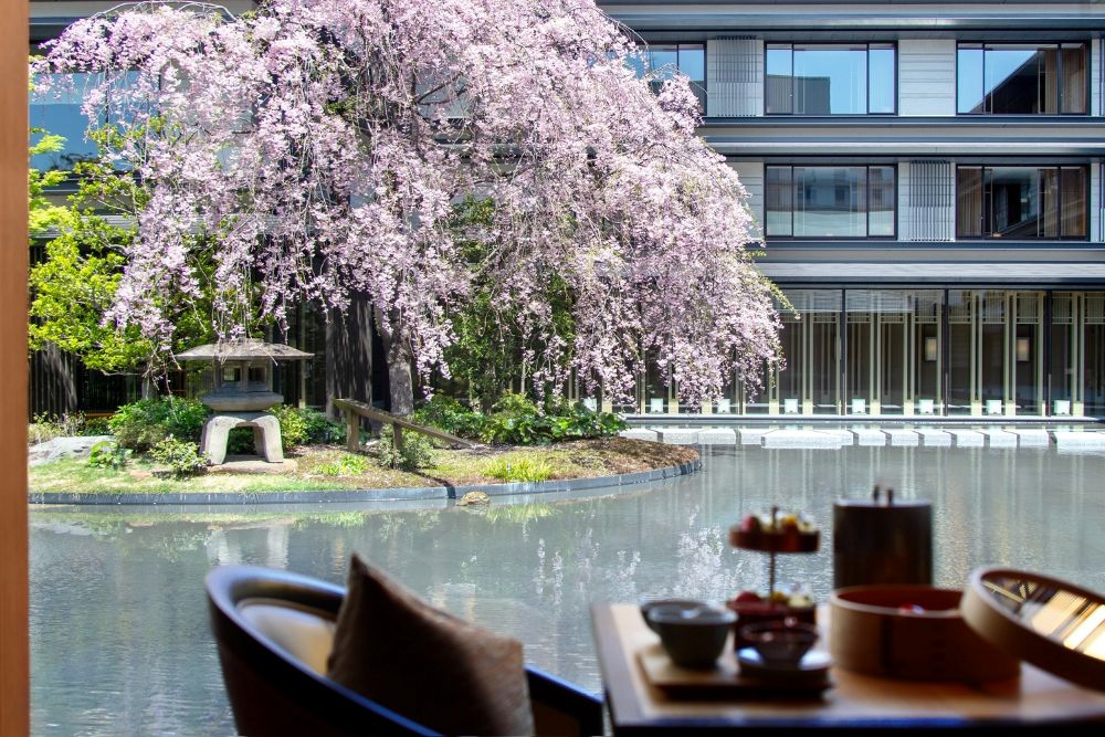 ホテル中庭に佇む「八重紅枝垂れ桜」イメージ