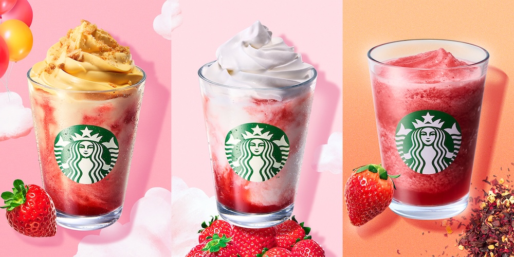 左から「ストロベリー シュークリーム フラペチーノ」、「スターバックス ストロベリー フラペチーノ」、「ストロベリー & パッション ソルベティー」