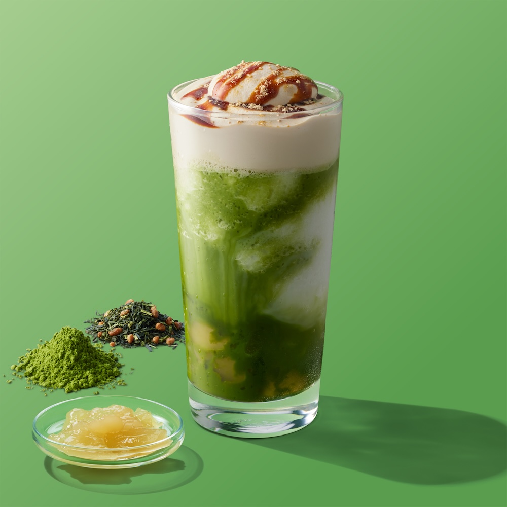 「煎茶抹茶 ティー フラペチーノ わらび餅入り」テイクアウト・税込み805円、店内利用・税込み820円