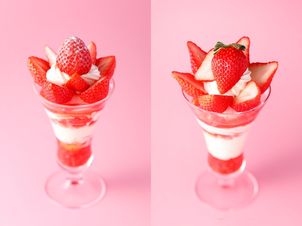 左から「香川県産苺“さぬきひめ”のパフェ」、「岐阜県産苺“華かがり”のパフェ」