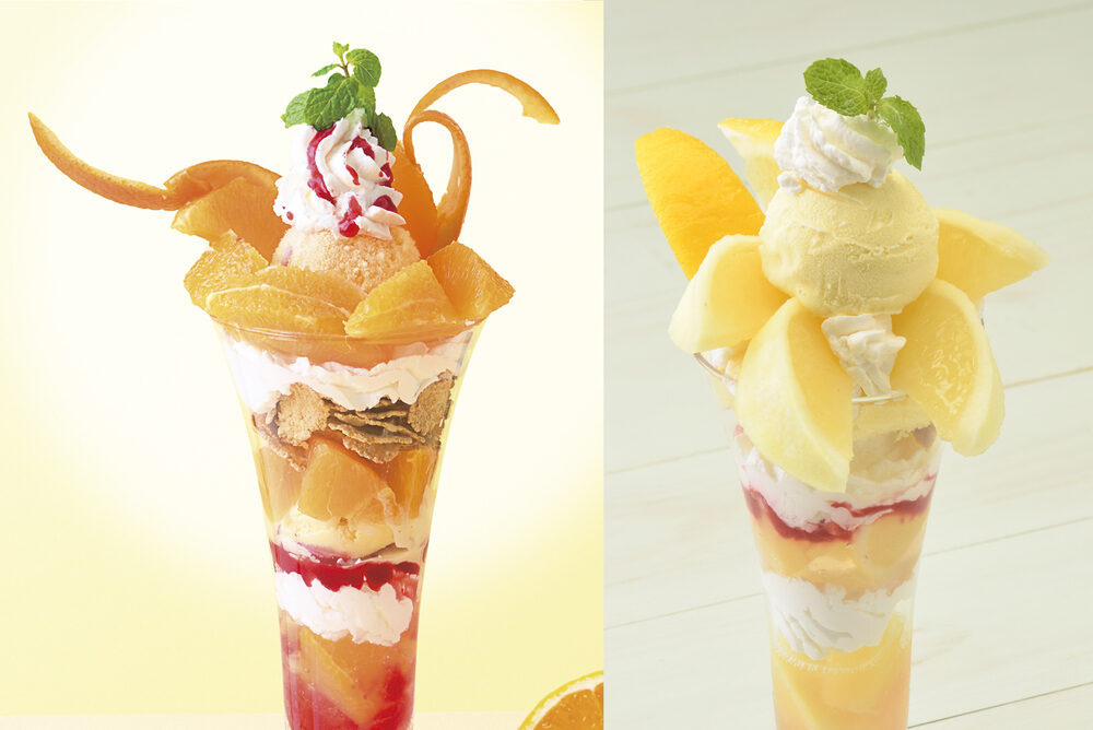 左から「愛媛県産清見オレンジのパフェ」、「宮崎県産日向夏のパフェ」