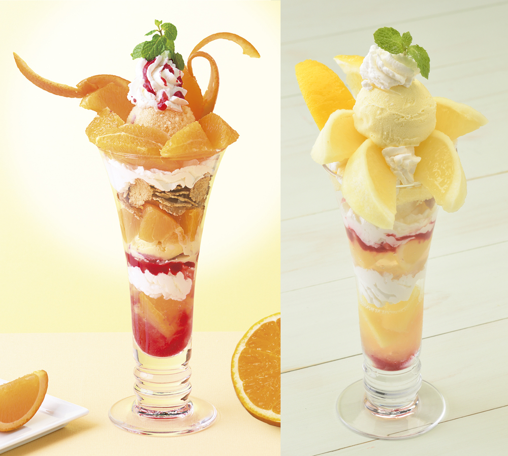 左から「愛媛県産清見オレンジのパフェ」、「宮崎県産日向夏のパフェ」
