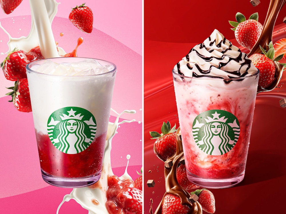 左から「ごろっと イチゴ ミルク」、「イチゴ チョコレート フラペチーノ」