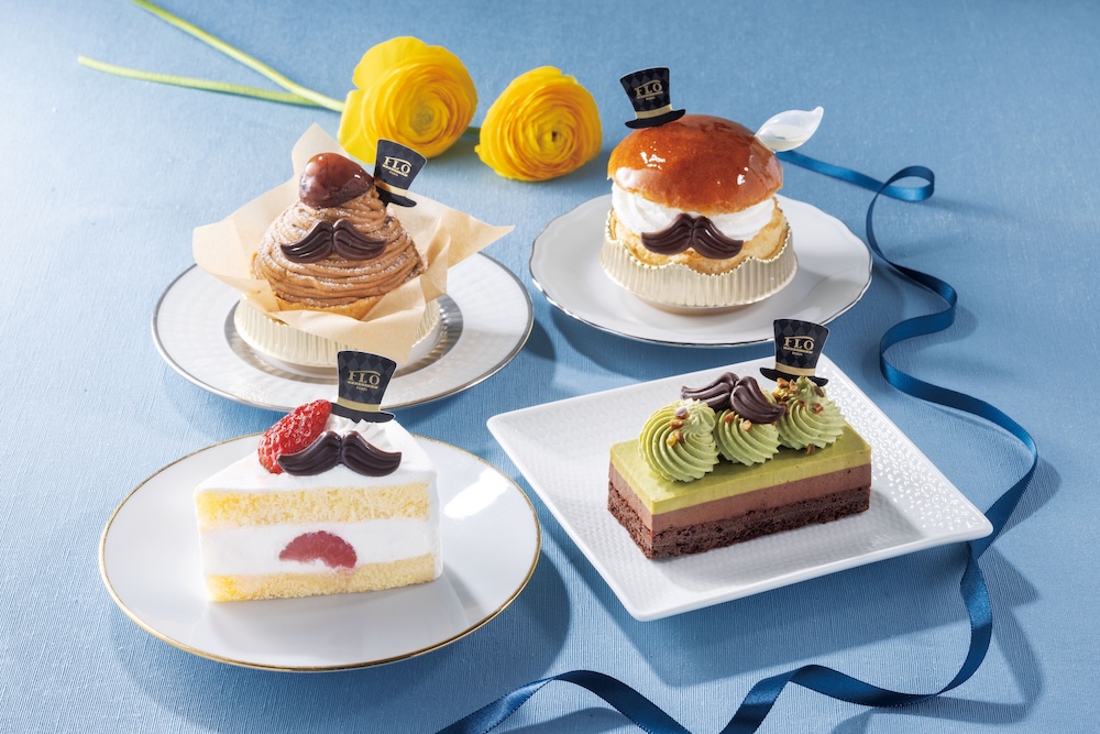 左上から時計回りに「父の日 モンブラン」税込み745円〜、「父の日 サバラン・オ・ラム」税込み799円、「父の日 ピスタチオショコラ」税込み691円、「父の日 苺のショートケーキ」税込み637円