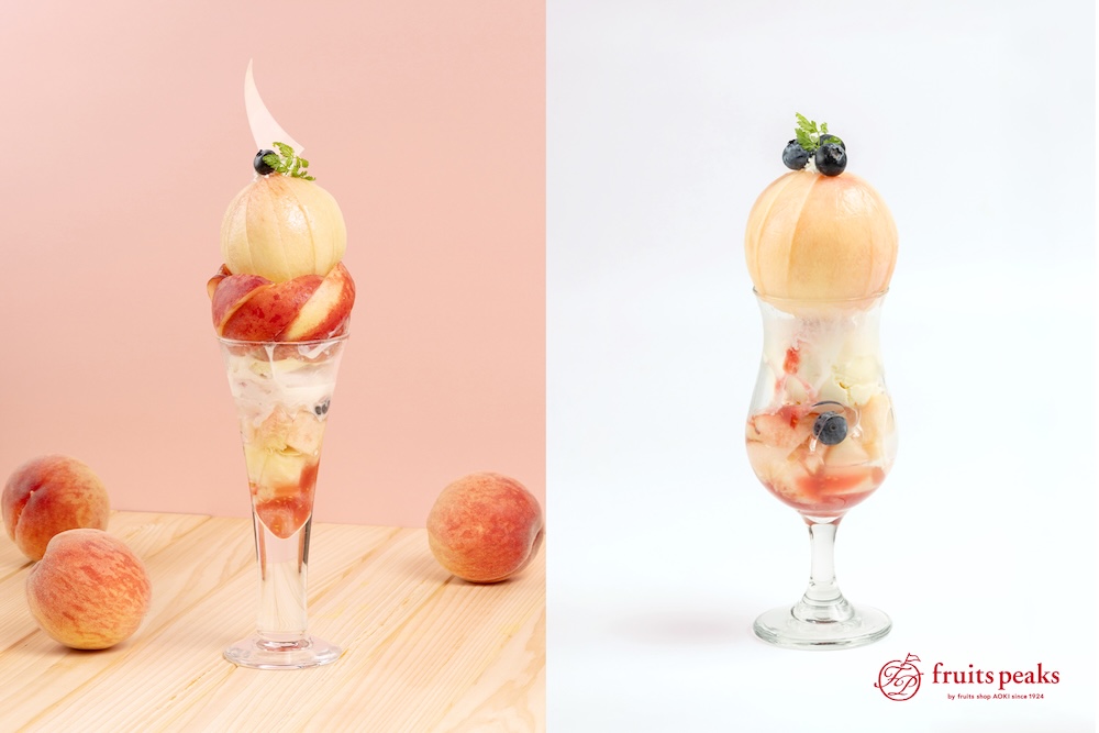 左から「THE TOWER まるごと桃」、「まるごと桃パフェ」