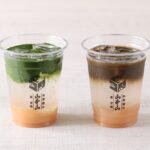 左から「お茶漬け 茶 甘味　山本山」の「白桃抹茶ソーダ」、「白桃ほうじ茶ソーダ」各・税込み680円
