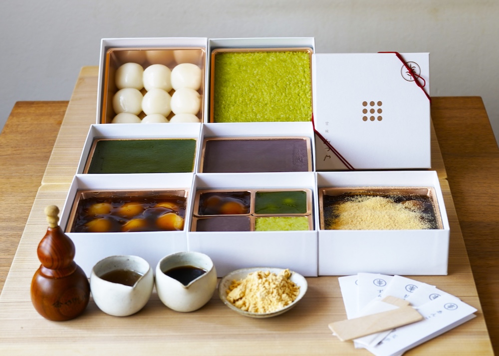 定番人気の白玉手箱の「あんこ」、「みたらし」、「抹茶」、「ずんだ」、「黒みつきなこ（※伊勢丹初登場）」のイメージ