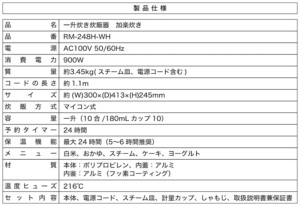 「ルームメイト（ROOMMATE） 一升炊き炊飯器 加楽炊き RM-248H-WH」イメージ