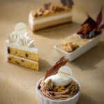 正面から時計回りに「バニラクリームのモンブラン仕立て」税込み1,100円、「クラシックバタークリームケーキ」税込み820円、「マルジョレーヌ」税込み920円、「ほうじ茶の枯山水ティラミス」税込み920円