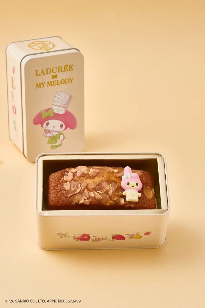 オンラインショップおよびラデュレ各店舗にて予約受付中、かつ9月18日よりラデュレおよびカフェ・ラデュレの全店舗にて販売される「アーモンドパウンドケーキ缶 “マイメロディ”」税込み4,968円