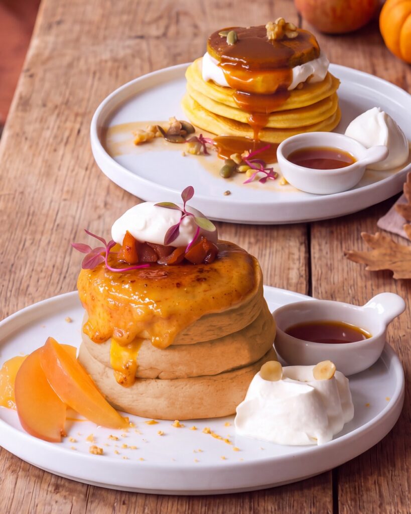 手前から「シナモン香るリンゴとナッツのエスプレッソパンケーキ」、「パンプキンパイ風もちもちパンケーキ」